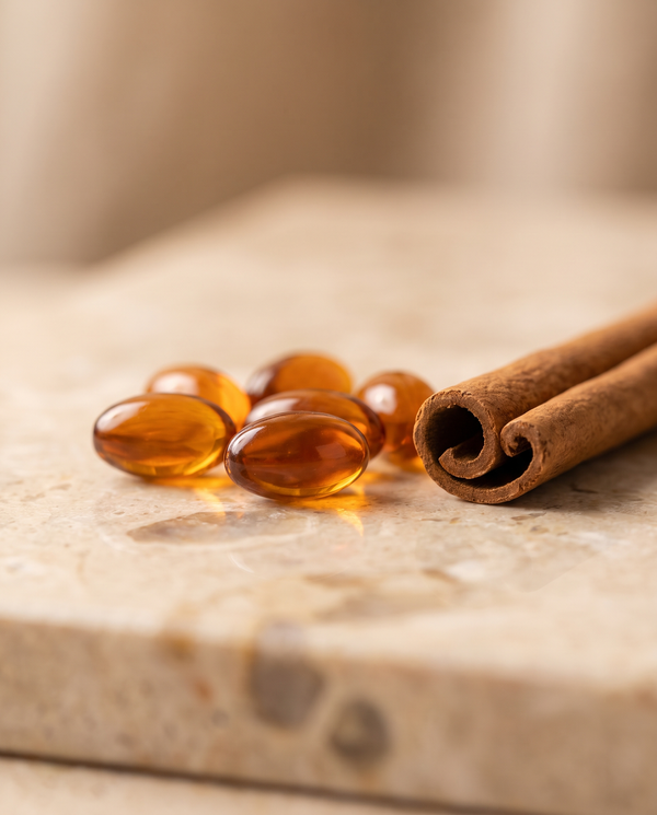 Macro shot of Vireo Health Ceylon Cinnamon softgel capsules